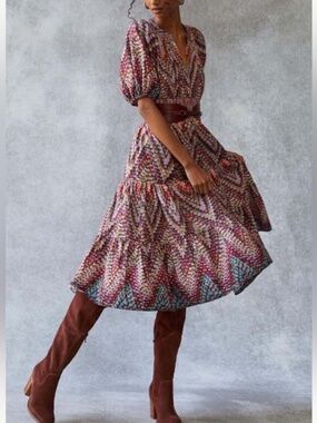 Conditions Apply Printed Puff-Sleeved Midi Dress